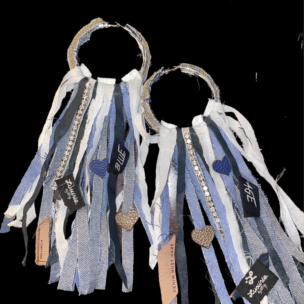 Med size hoop earrings distressed denim hand crafted designer one of a kind